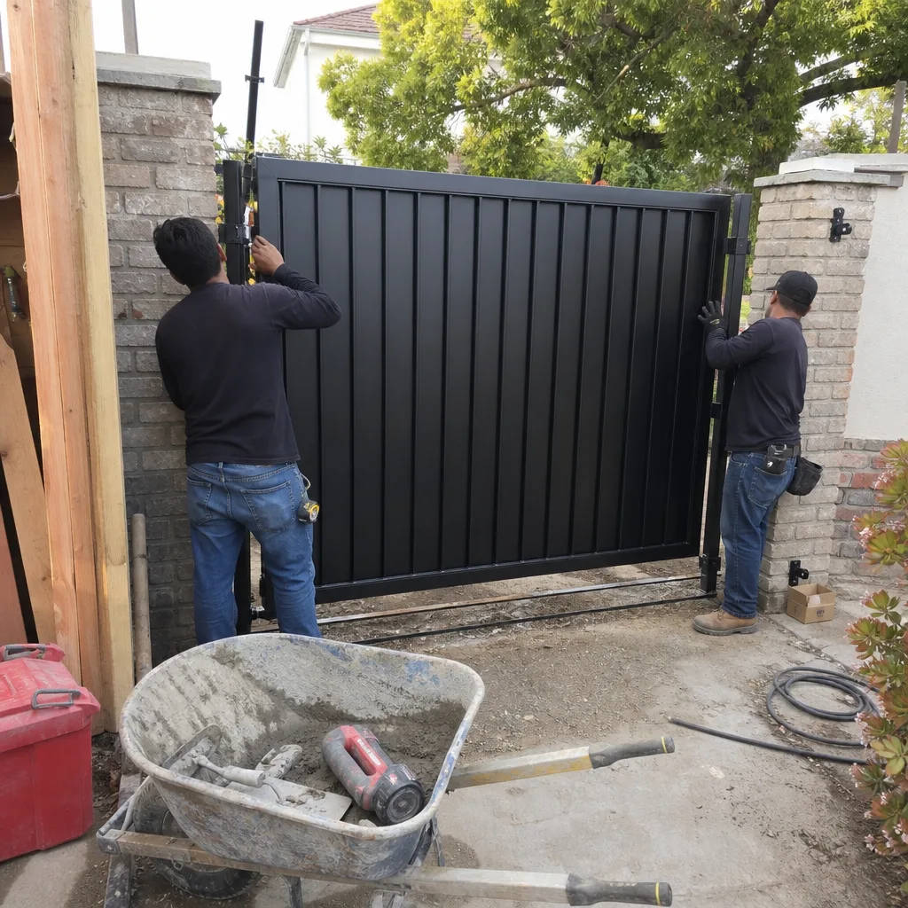 Two professional workers installing a modern black metal driveway gate