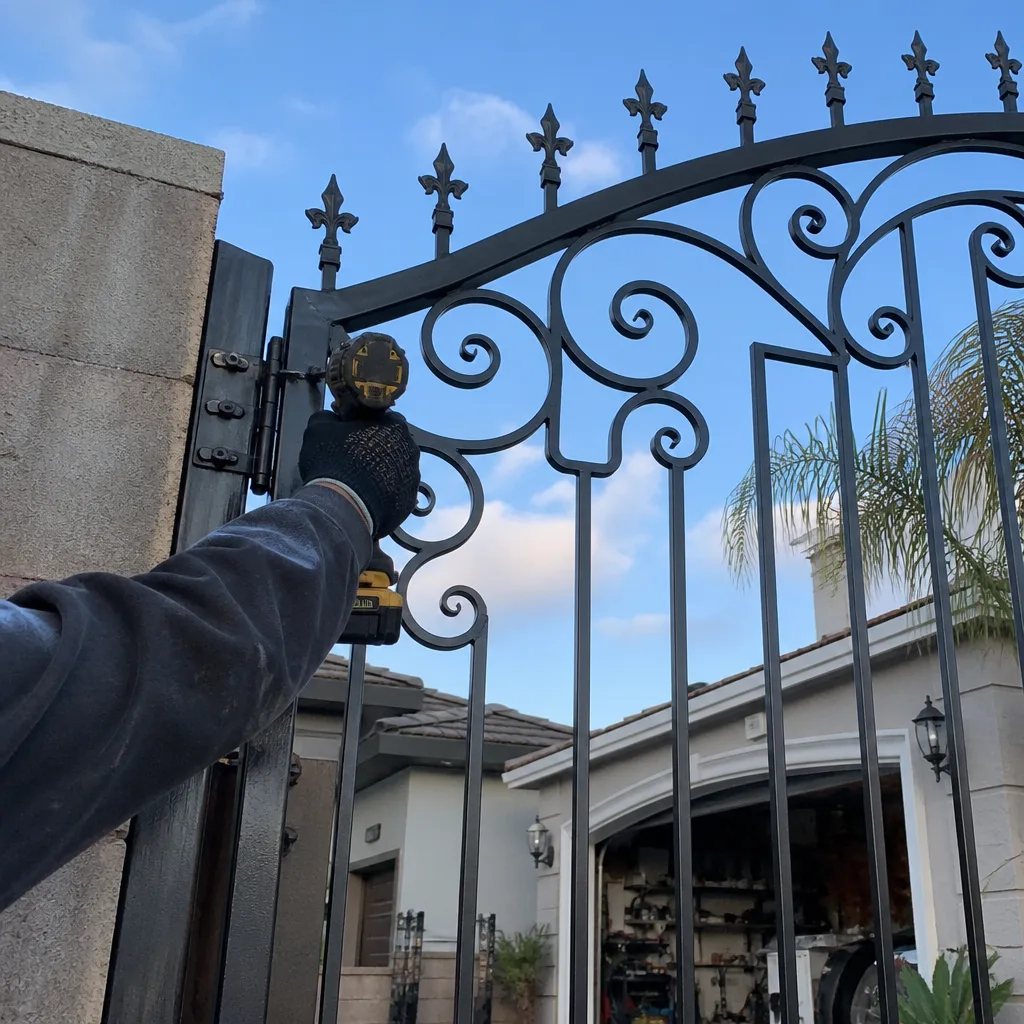 Professional technician performing gate installation with a power drill