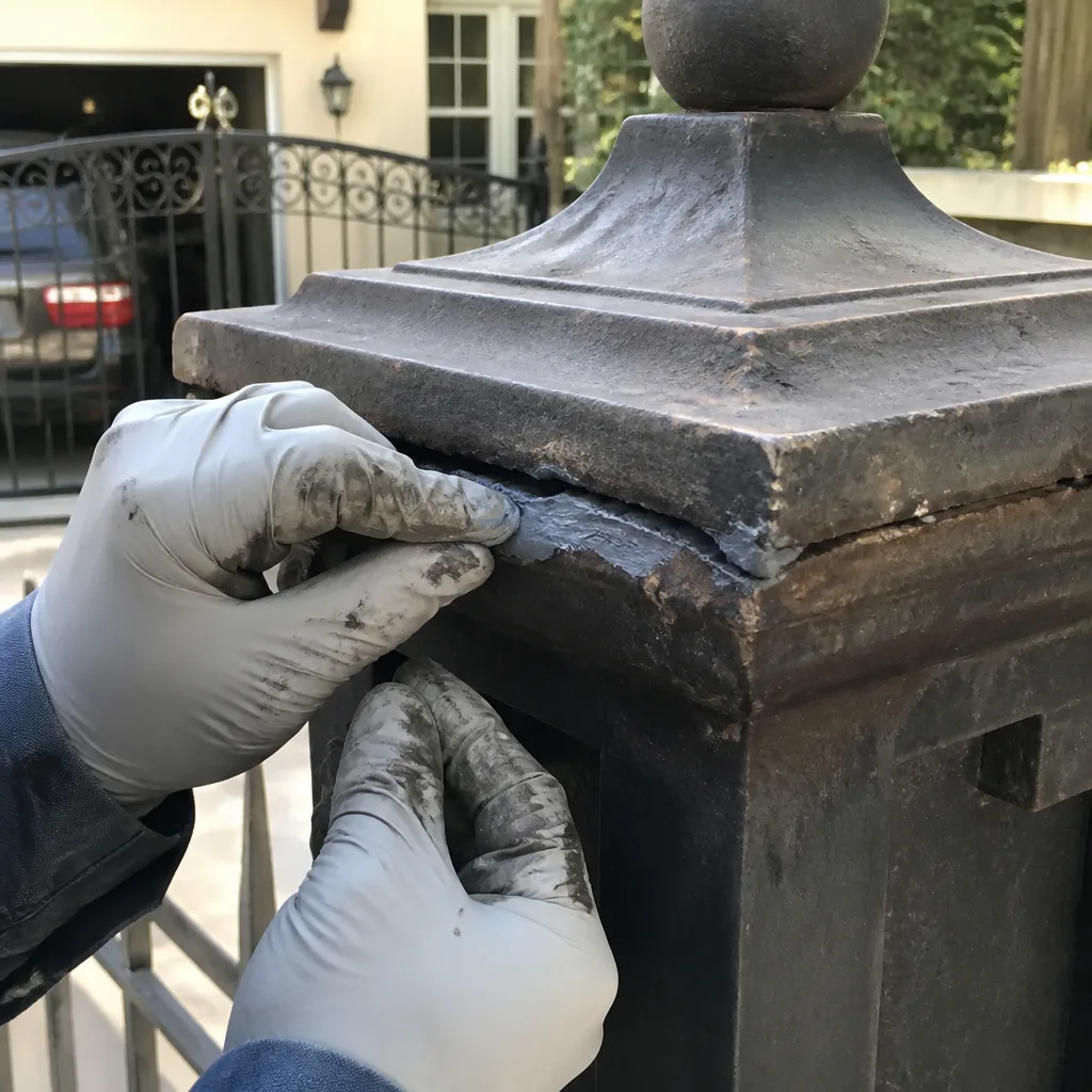 Professional contractor applying sealant to repair a decorative metal gate post.