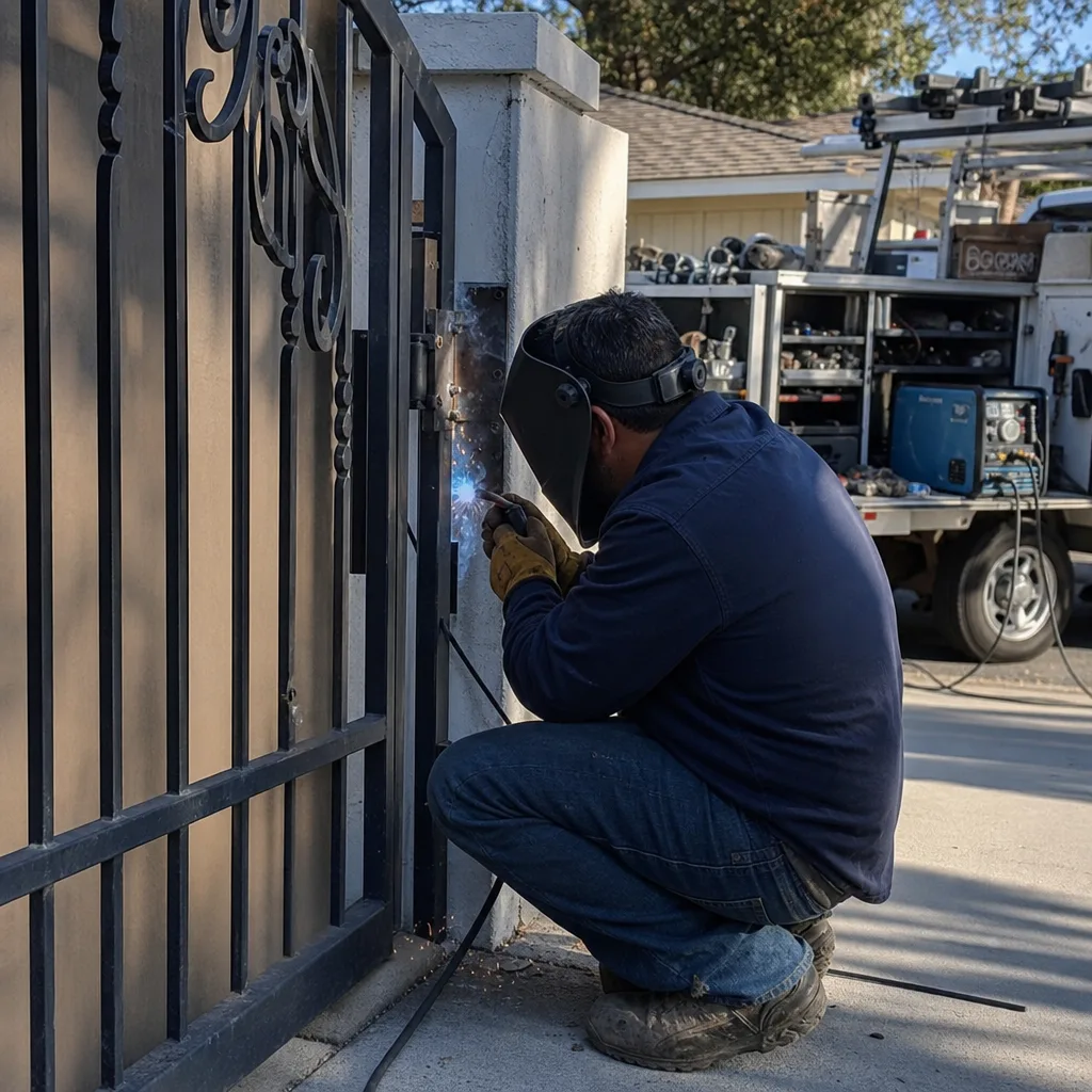 Professional welder performing on-site metal gate repair and hinge welding.