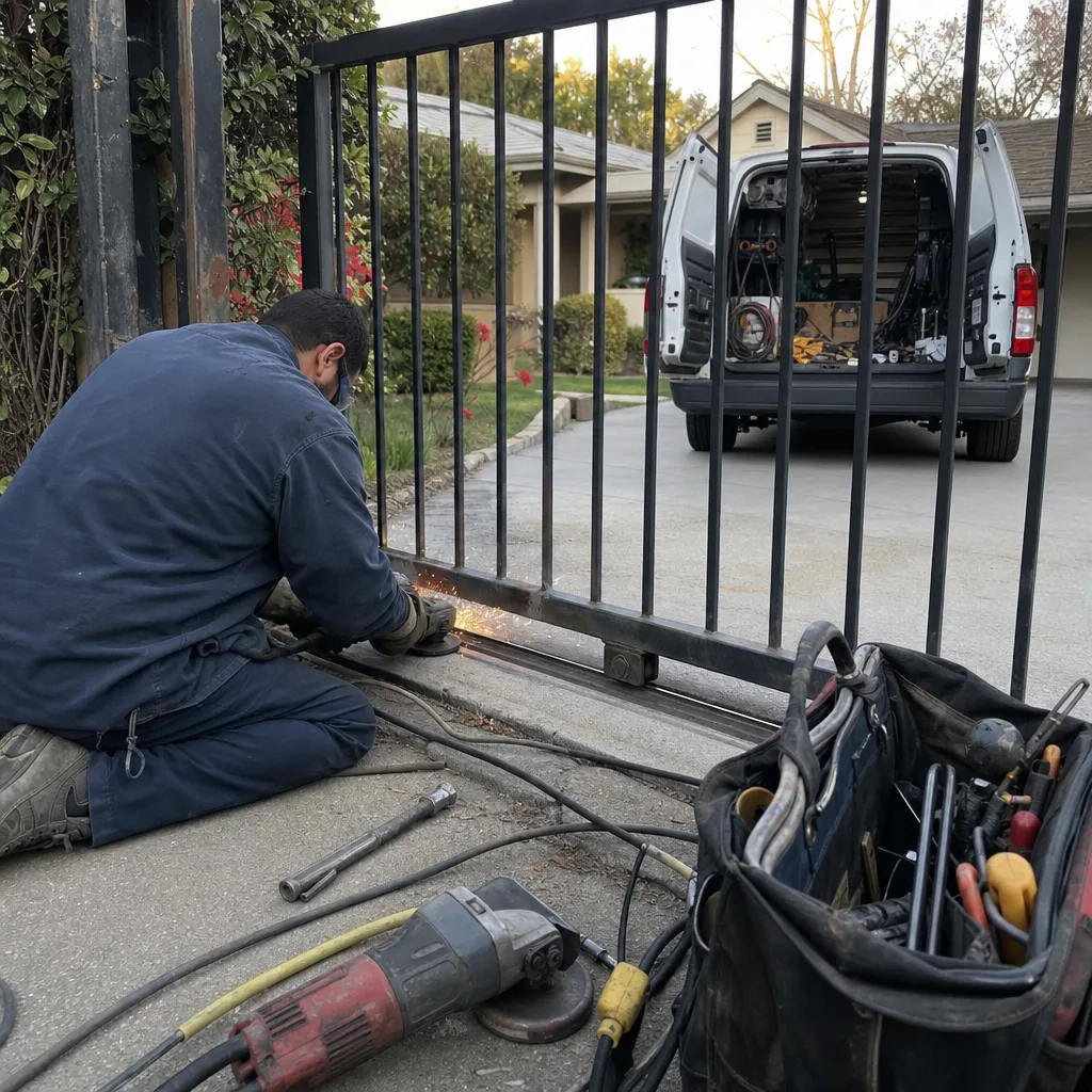 Technician using an angle grinder to repair a metal sliding gate