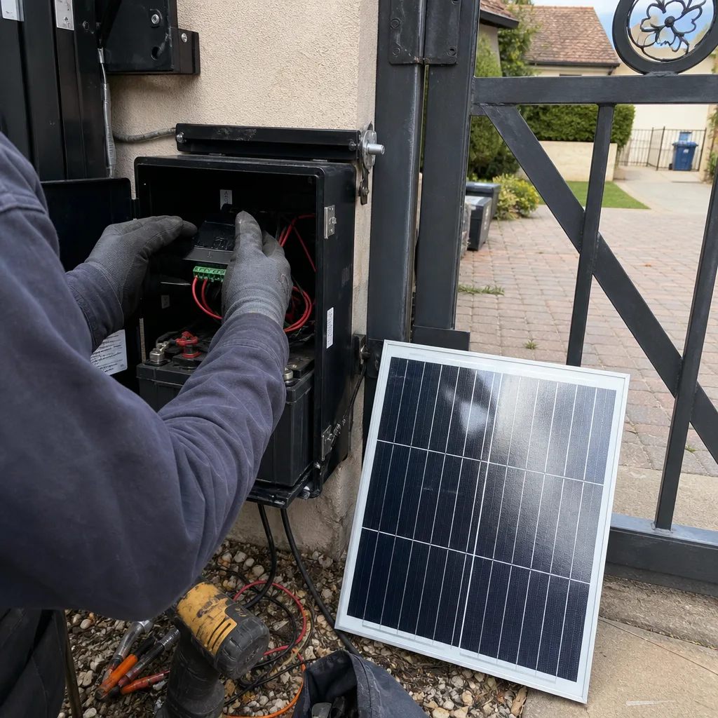 Technician repairing solar powered gate access control system nationwide