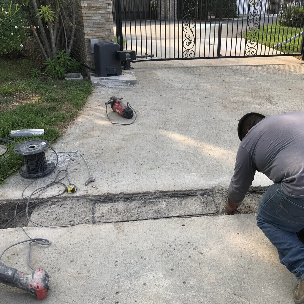 Technician installing underground vehicle detection loop for automated gate access control nationwide