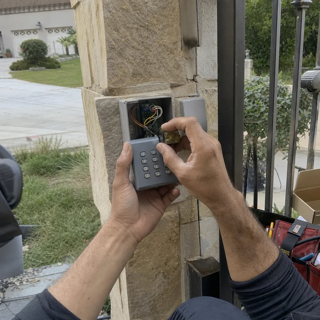Technician repairing gate access control keypad on stone pillar in Arcadia, CA