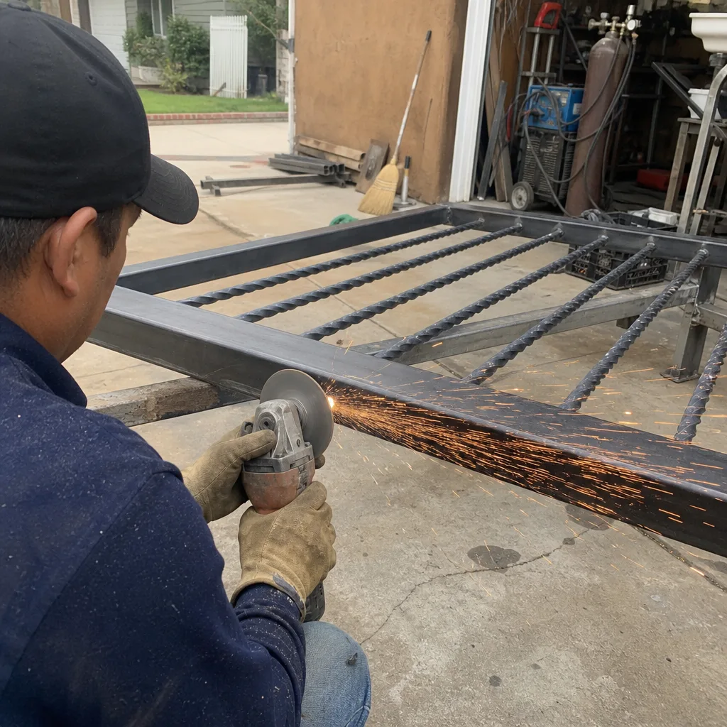 Metalworker using an angle grinder on a custom iron gate nationwide