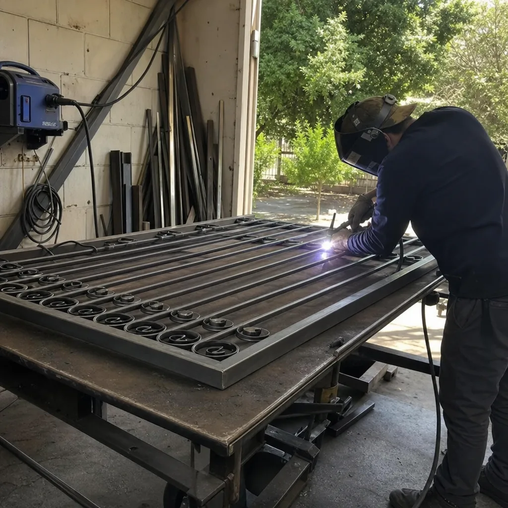 Metalworker performing precision welding on custom gate parts in a professional workshop nationwide