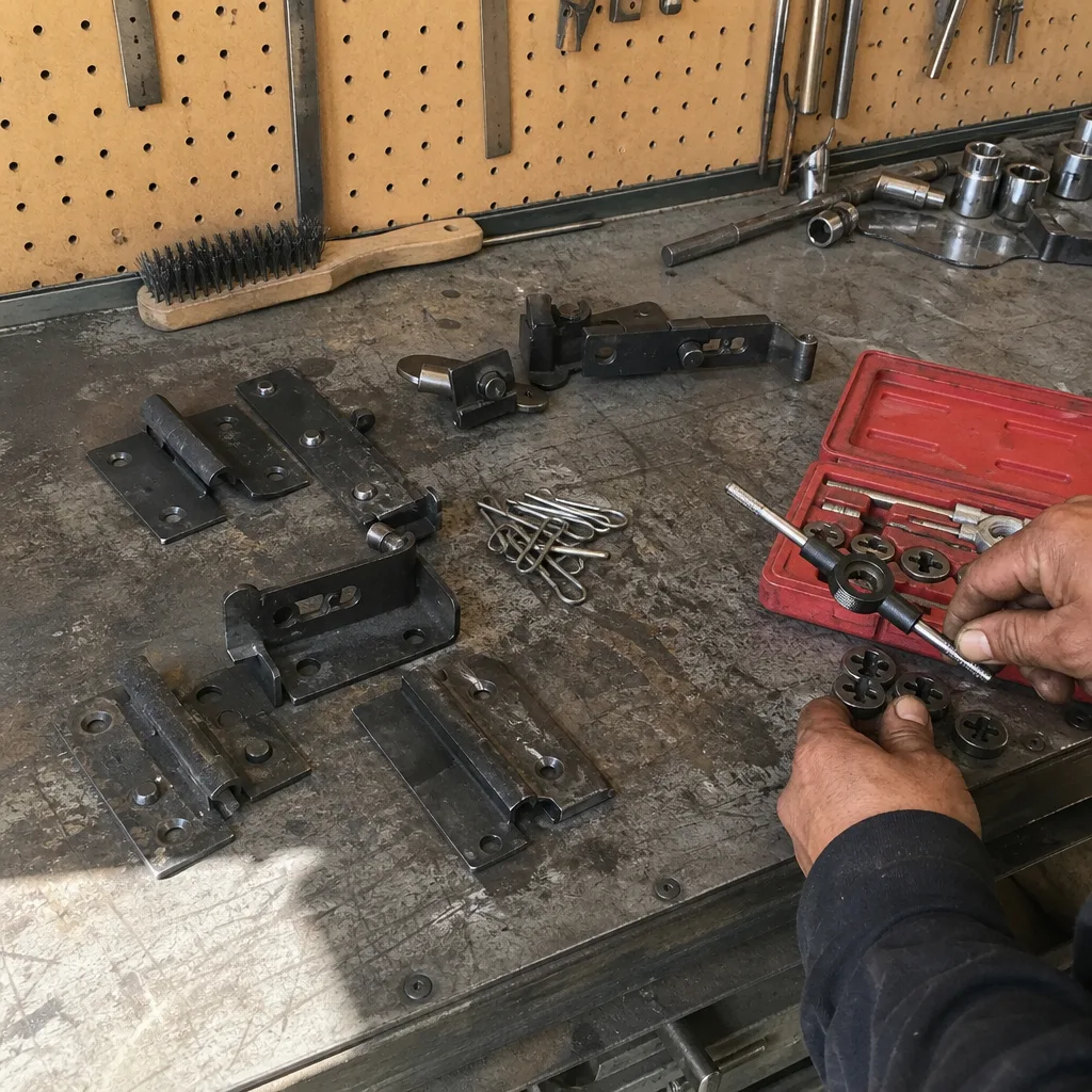 Metalworker assembling custom steel gate hardware on a professional shop workbench in Arcadia, CA